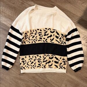 Leopard Print Striped Sweater - Cream and Black